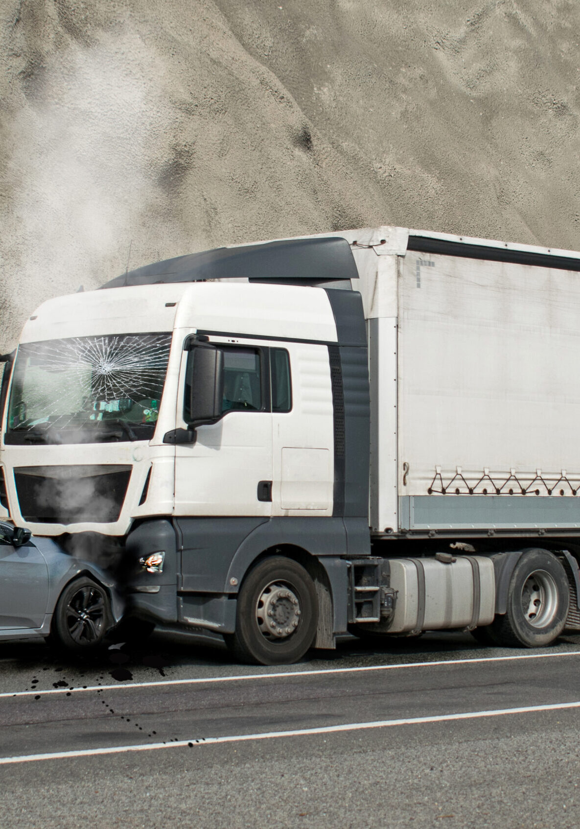Frontal,Impact,Between,A,Car,And,A,Truck.,Car,Accident.